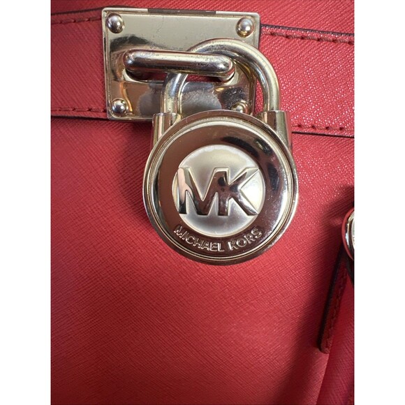 MICHAEL KORS Hamilton Coral Red Saffiano Leather Gold HW E/W Large Satchel Bag - Picture 8 of 13